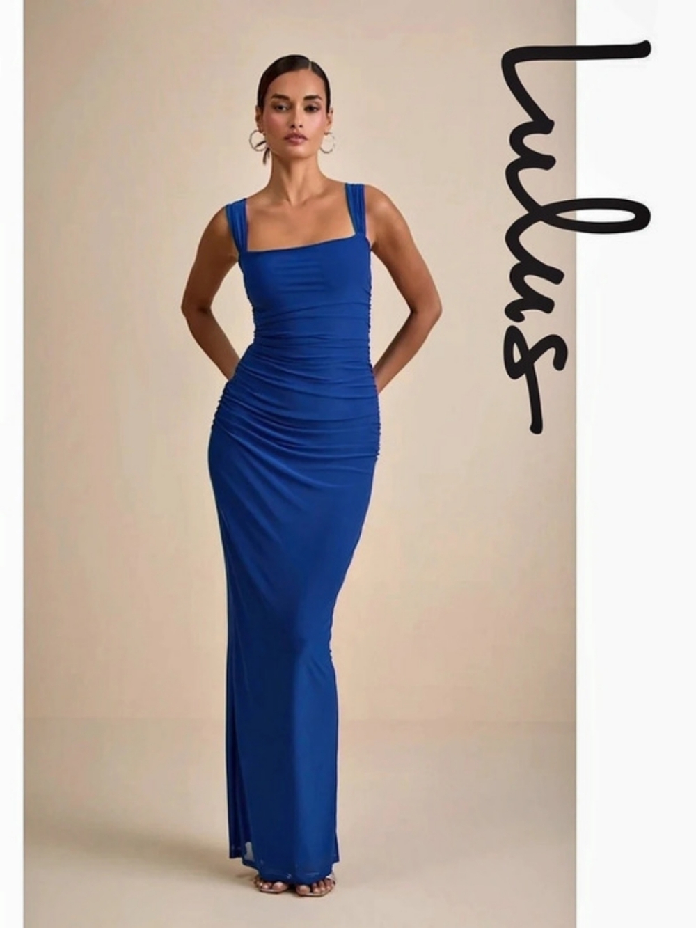 Lulus - Amazing Presence Blue Mesh Ruched Column Maxi Dress - Large